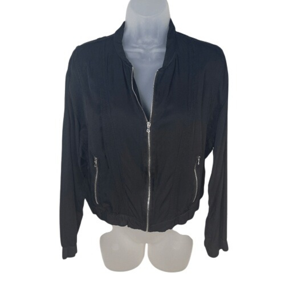 BlankNYC Black Cupro Bomber Jacket Zip Front Pockets Size S